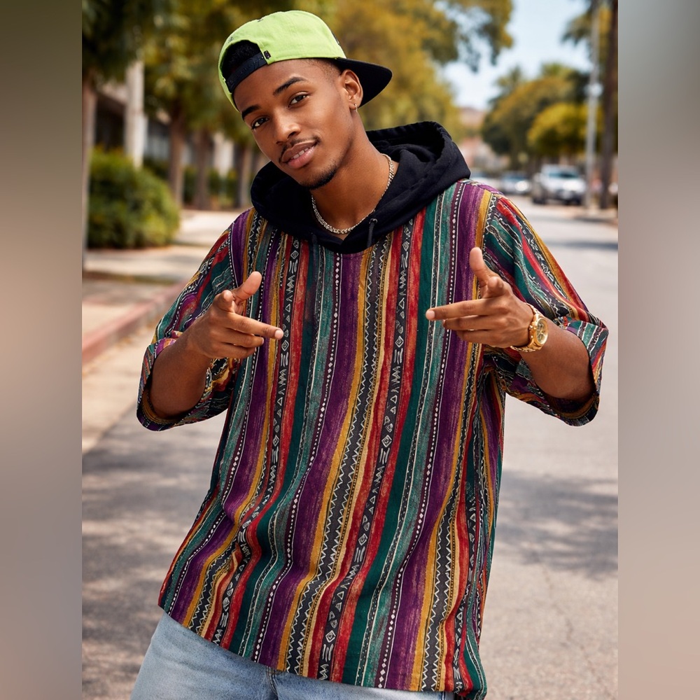 Men's Multicolor Striped Hooded Shirt - Casual Boho Style